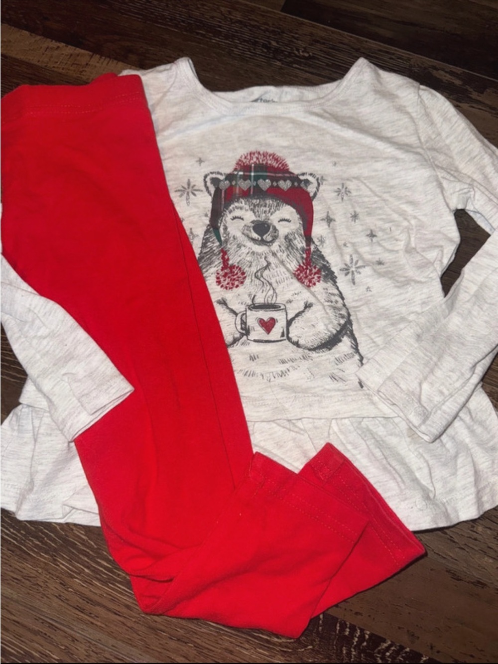 Carter's White Long-Sleeve Bear Graphic Top with Red Leggings